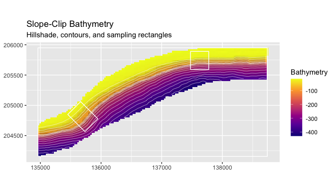 Slope-clip bathymetry with hillshade, contours, and sampling rectangles.