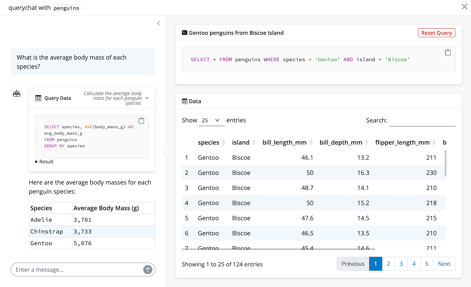 Screenshot of the querychat's app with a summary statistic inlined in the chat.